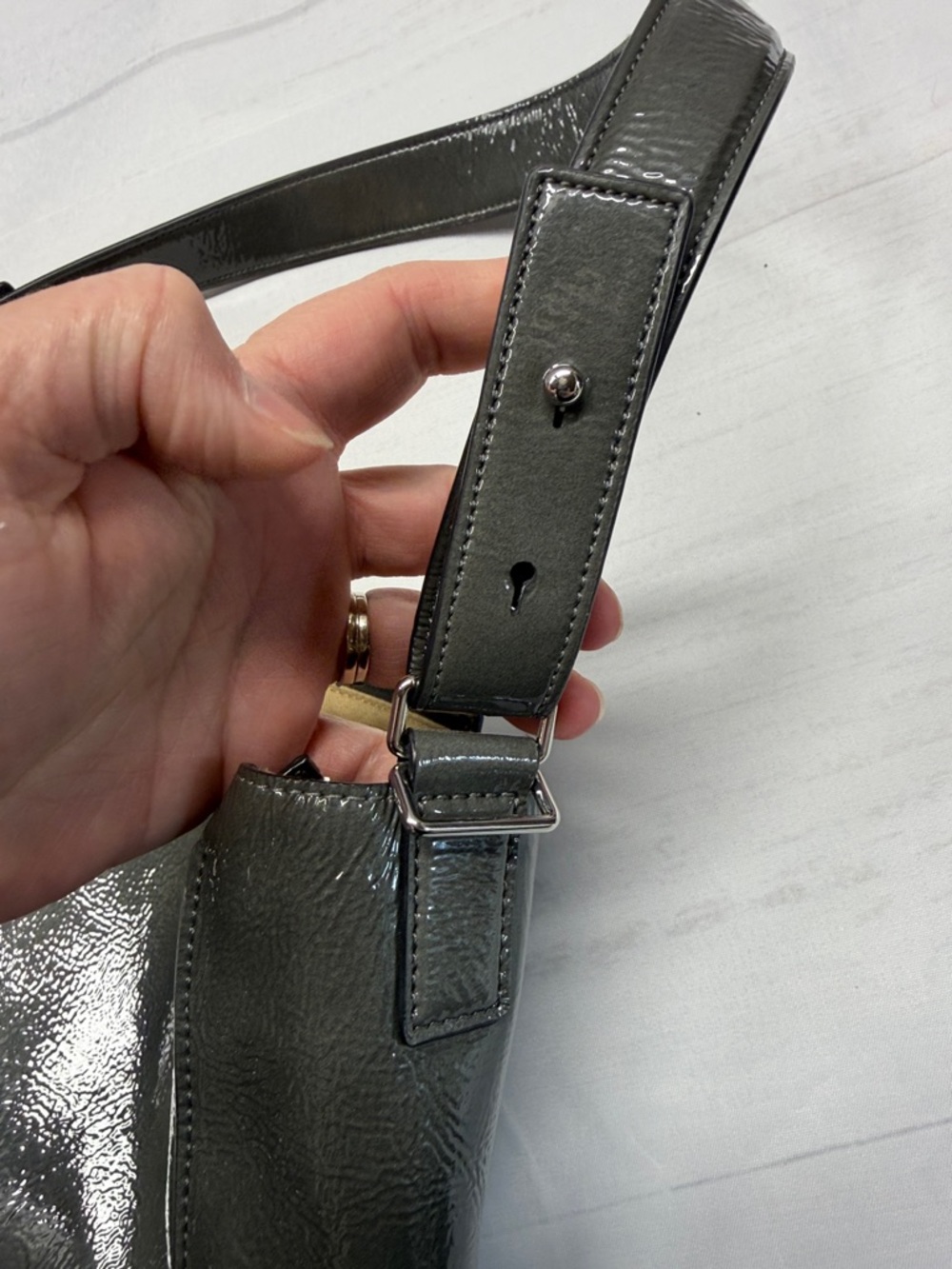 All Saints Kita Ash Gray Patent Leather Shoulder Bag Purse - Picture 10 of 10